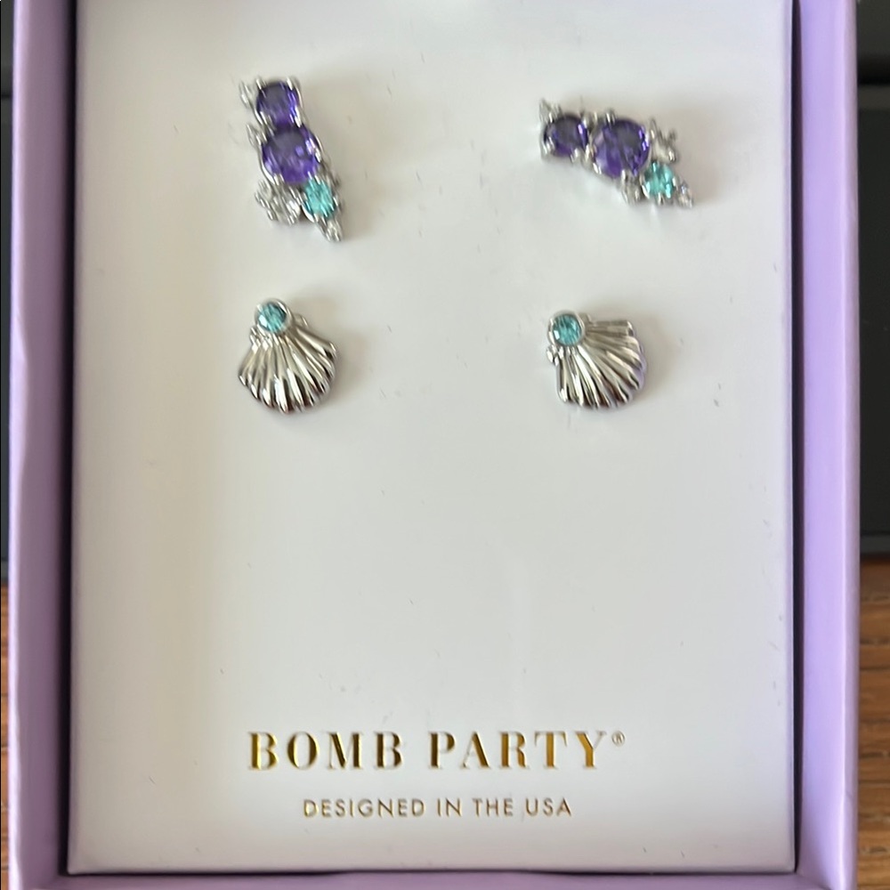 Bomb Party Atlantis Rhodium Aqua, and Purple Earrings Stud Set